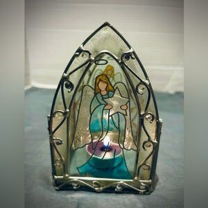 Guardian Angel Stained Glass ‎Vintage Votive Candle Holder Christmas Religious